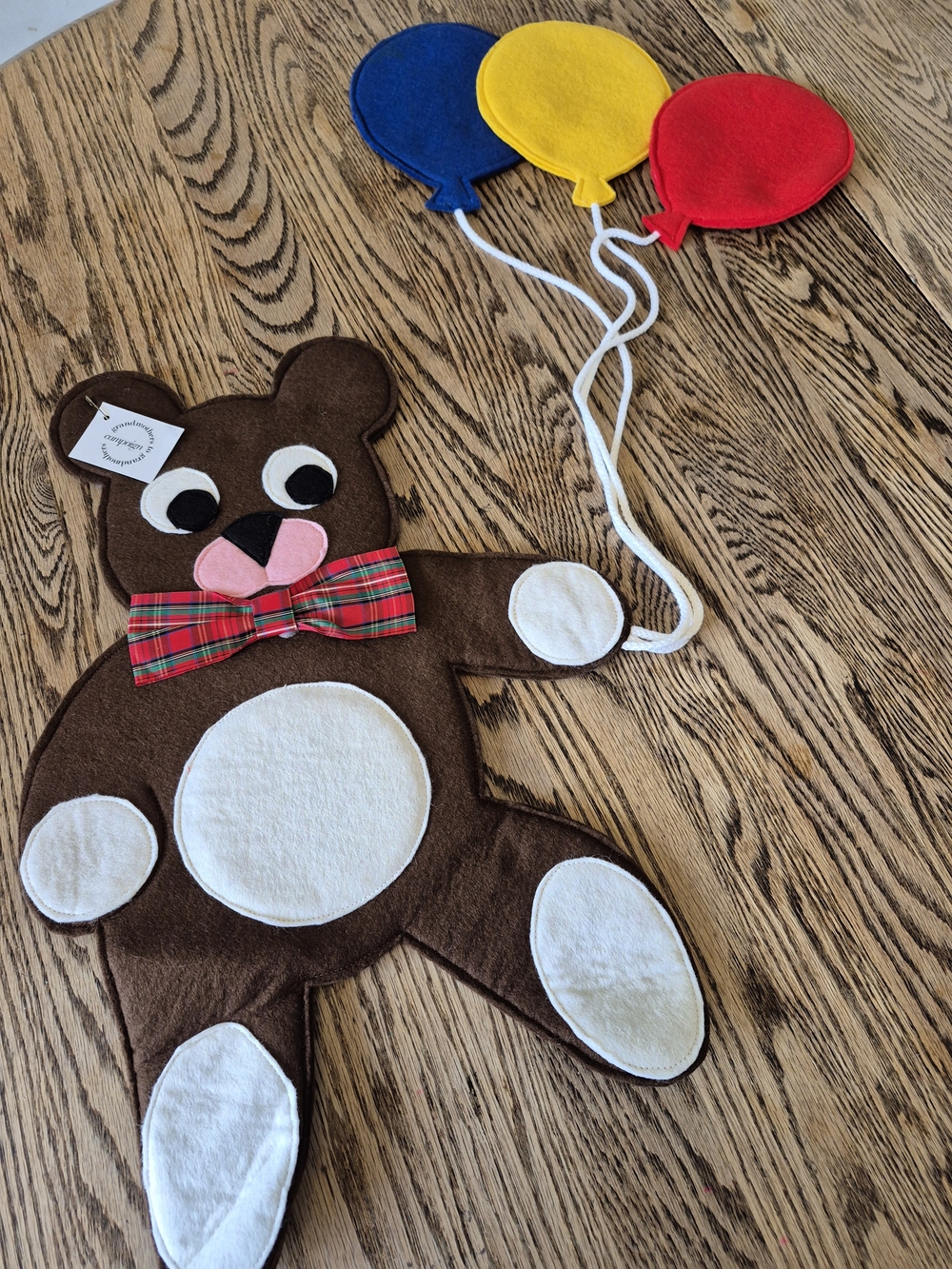 Handmade Brown Bear Wall Hanging with Balloons - Brown, White, Red, Blue, Yellow